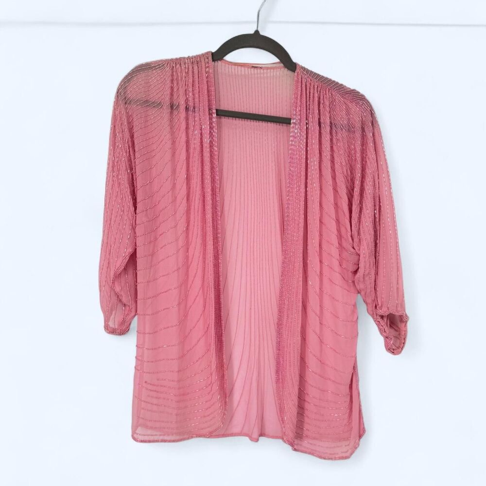 Silk Beaded Open Kimono Sleeve Cardigan Sequin Shrug Jacket Blouse c. 2003